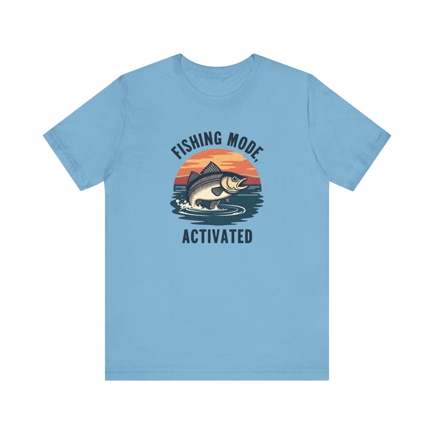 Enjoy comfort and style with Printifys Fishing Mode Activated Tee for Anglers. This blue unisex jersey short sleeve t-shirt, made from Airlume cotton, features a fish leaping against a sunset with Fishing Mode Activated text. Ideal for fishing enthusiasts.