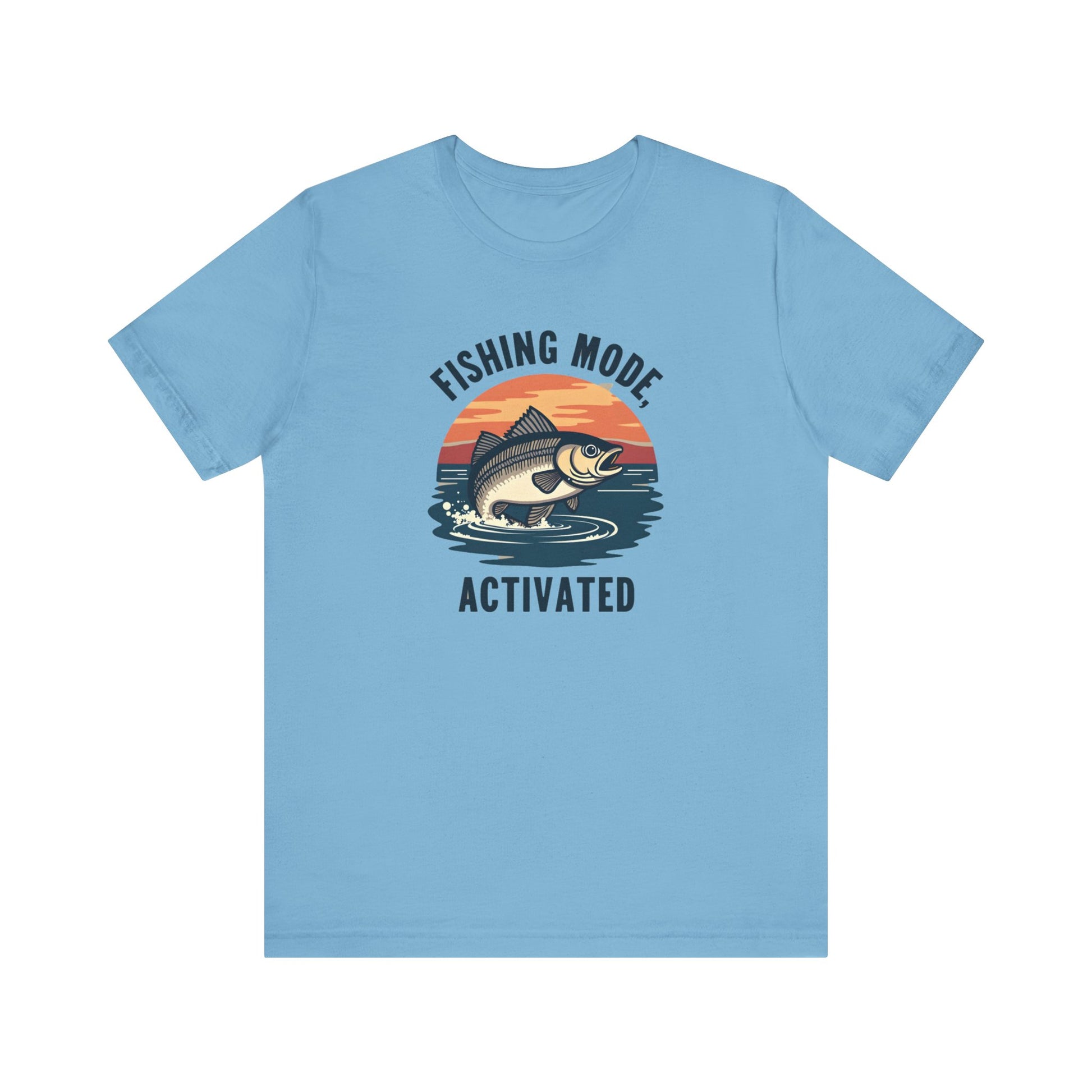 Enjoy comfort and style with Printifys Fishing Mode Activated Tee for Anglers. This blue unisex jersey short sleeve t-shirt, made from Airlume cotton, features a fish leaping against a sunset with Fishing Mode Activated text. Ideal for fishing enthusiasts.