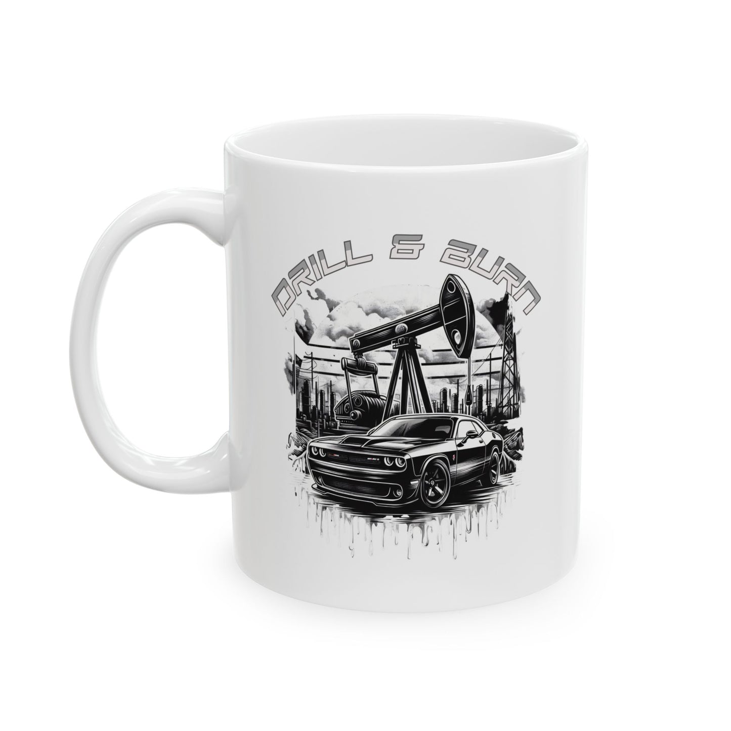 The D&B Apparel Ceramic Mug features a sleek white design with a black and white illustration of an American muscle car by an oil pump and towering derricks. The bold Drill & Burn text crowns this mug, ideal for coffee lovers and car enthusiasts.