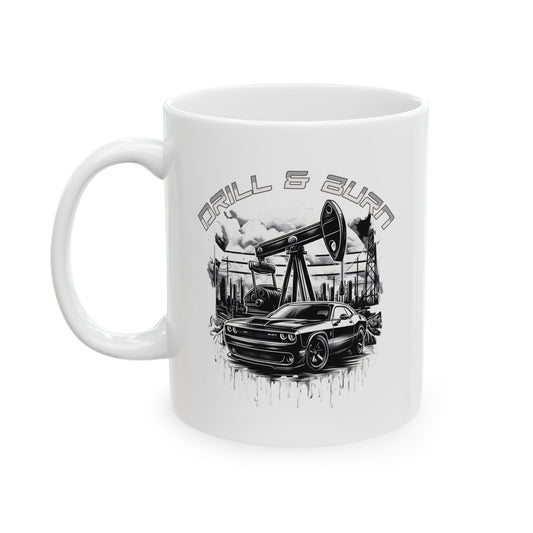 The Adventure Awaits Ceramic Mug by D&B Apparel showcases a black car before oil pumps and industrial equipment, with Drill & Burn in bold above. This monochrome design captures automotive and industrial themes, ideal for coffee lovers and travelers seeking bold artistry.