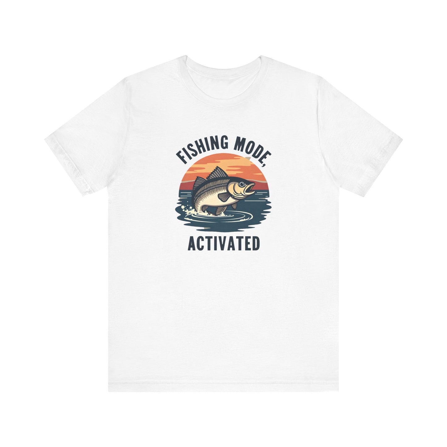 Experience the ultimate fishing tee with Printifys Fishing Mode Activated shirt. This unisex jersey short sleeve T-shirt is made from soft Airlume cotton, featuring a fish leaping from water against a sunset backdrop—perfect addition to any outdoor apparel collection!.