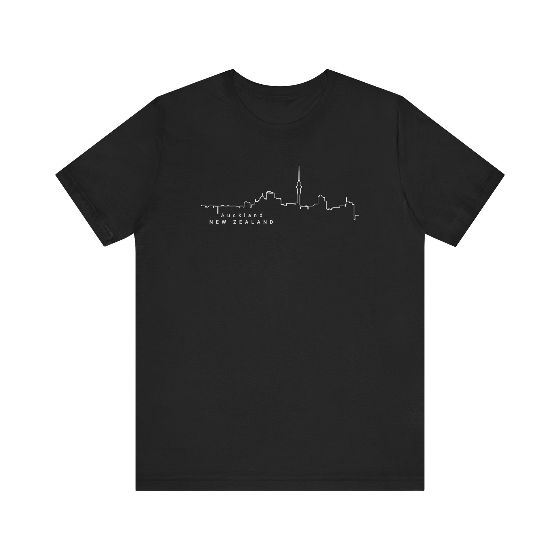 The Printify Auckland Skyline Unisex Tee is a stylish black jersey shirt for travelers, made from sustainable material and featuring a minimalist white line drawing of the city with AUCKLAND NEW ZEALAND text—ideal for urban explorers.