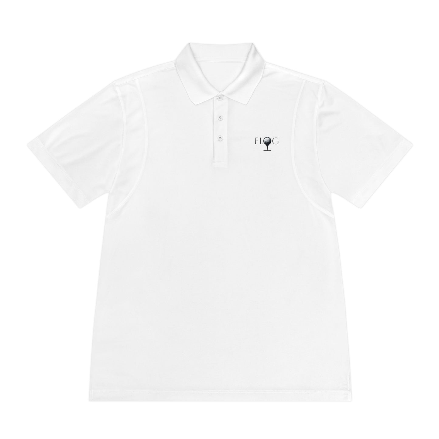 The Mens Sport Polo Shirt by D&B Apparel is ideal for golf outings, boasting a white collar, buttoned placket, FLOG logo with trophy cup on the left chest, and moisture-wicking fabric for dryness and comfort.