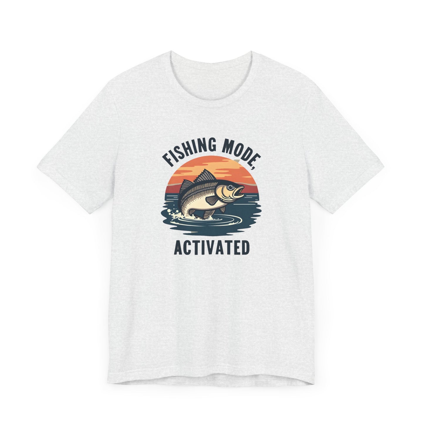 Discover the ideal outdoor wear with Printifys Fishing Mode Activated Tee. This unisex jersey short sleeve t-shirt, in white featuring a fish jumping against a sunset, is crafted from premium Airlume cotton and brilliantly displays Fishing Mode above and Activated below.