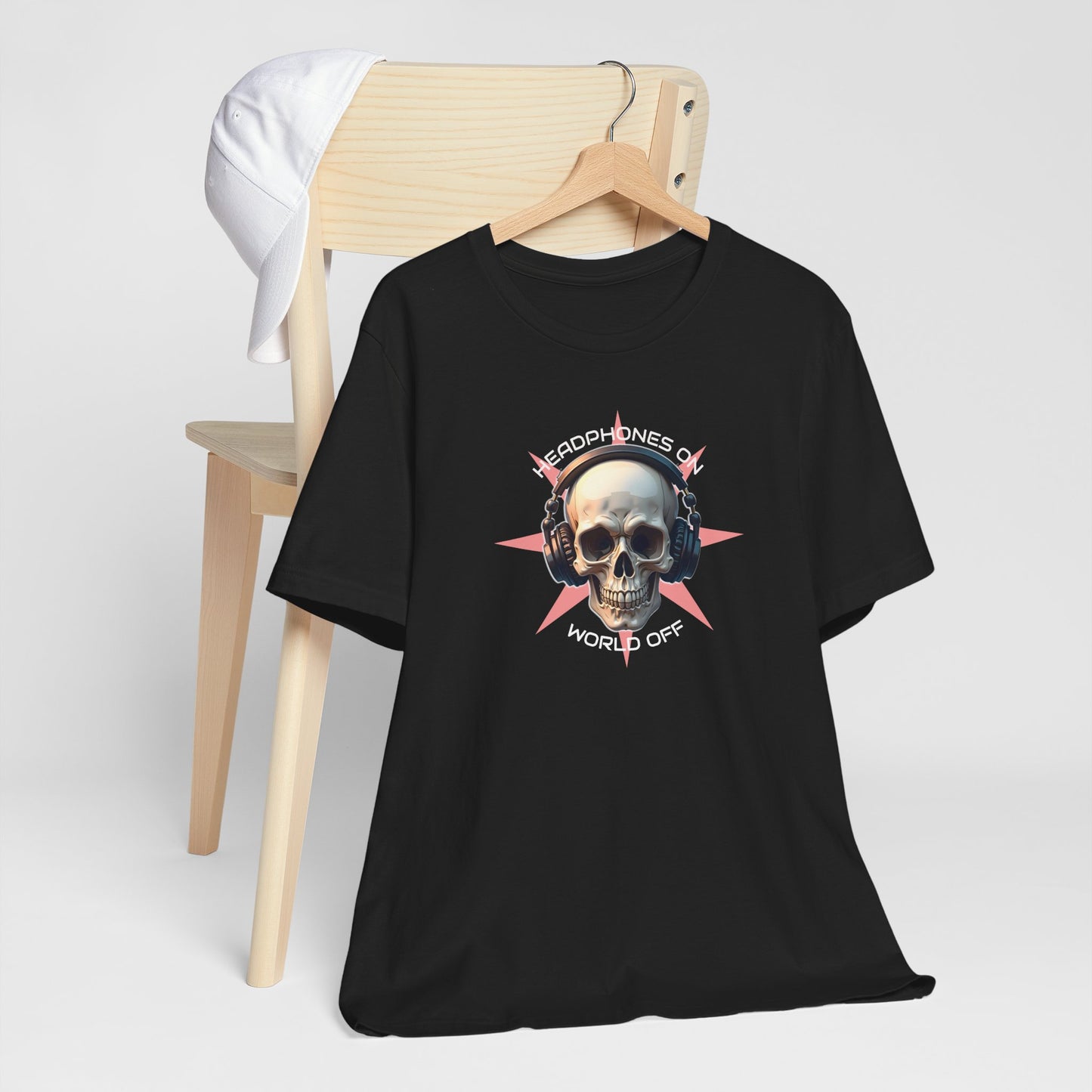 Edgy Skull Headphones Tee - "Headhpones On - World Off" Unisex Jersey Short Sleeve T-Shirt