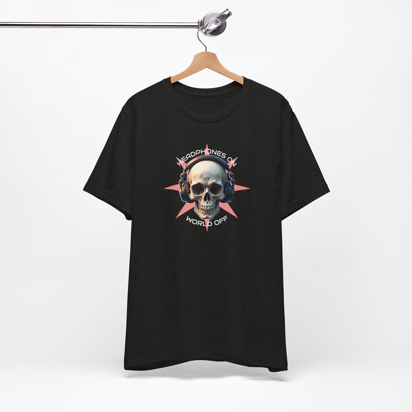 Edgy Skull Headphones Tee - "Headhpones On - World Off" Unisex Jersey Short Sleeve T-Shirt