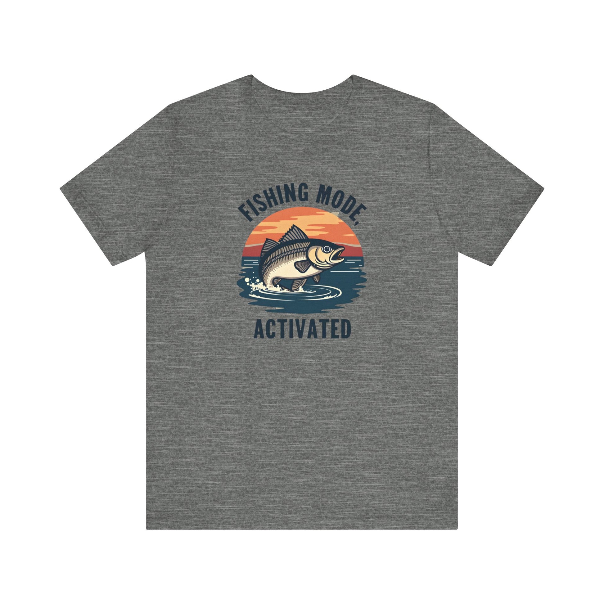 This unisex jersey short-sleeve tee from Printify is crafted from premium Airlume cotton and features a gray design of a fish leaping against a sunset, perfectly capturing the Fishing Mode Activated vibe—a must-have for outdoor enthusiasts.