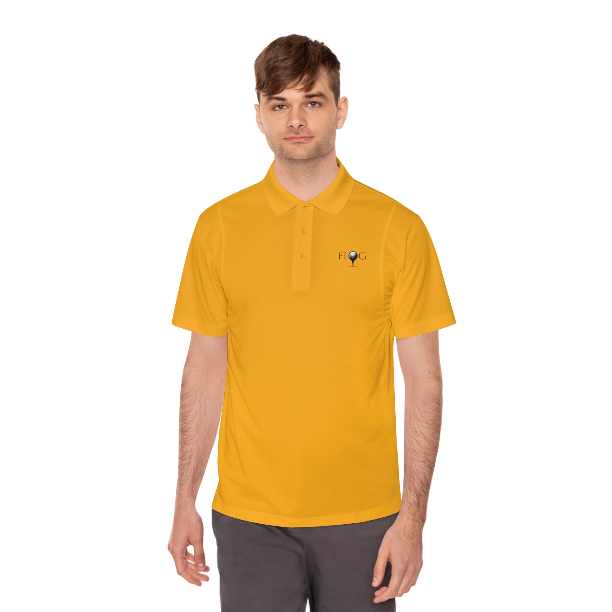 A person with short brown hair stands against a plain white background, wearing D&B Apparels bright yellow Mens Sport Polo Shirt, perfect for active lifestyles and casual outings. The moisture-wicking fabric complements dark pants, readying the individual for a golf outing.