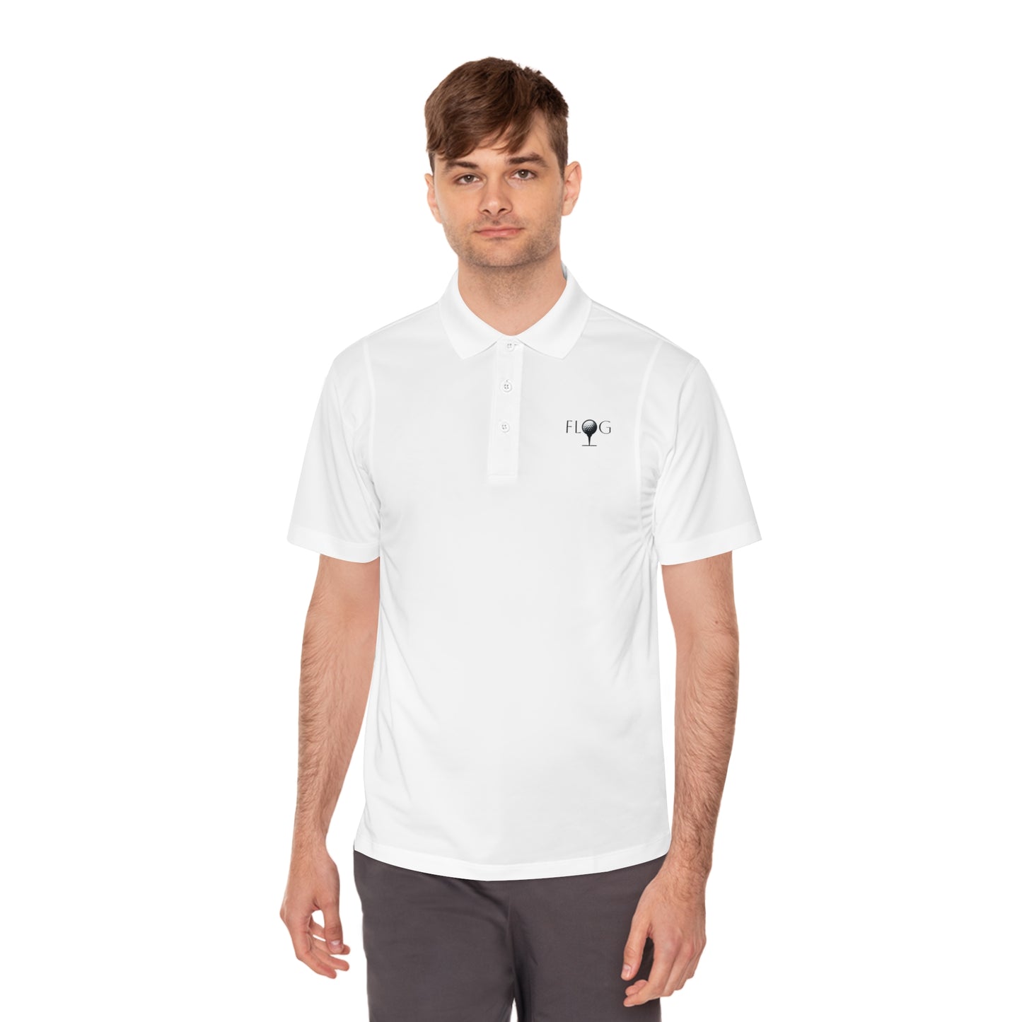 A person wears a D&B Apparel Mens Sport Polo Shirt, designed for active lifestyles, featuring the FLOG logo and moisture-wicking fabric. Paired with gray pants on a plain white background, theyre ready for a golf outing.