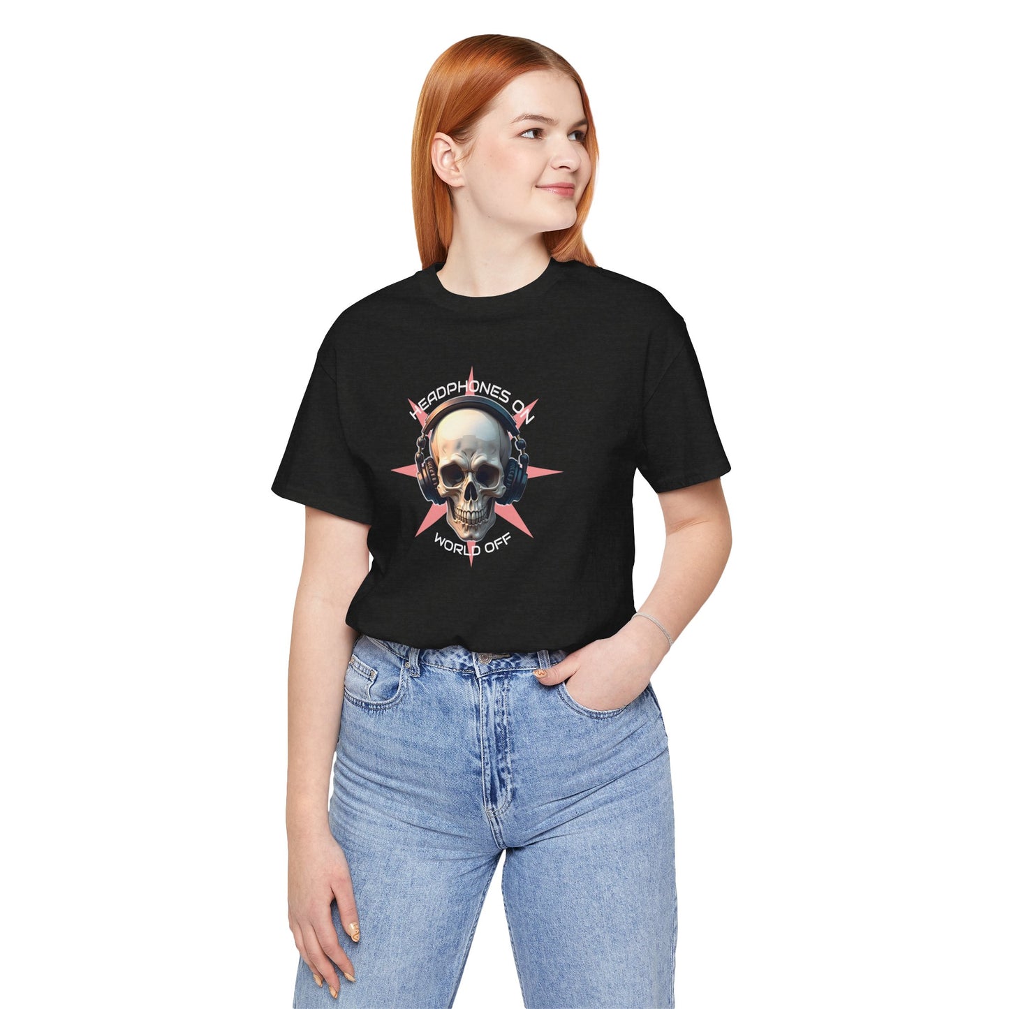 Edgy Skull Headphones Tee - "Headhpones On - World Off" Unisex Jersey Short Sleeve T-Shirt