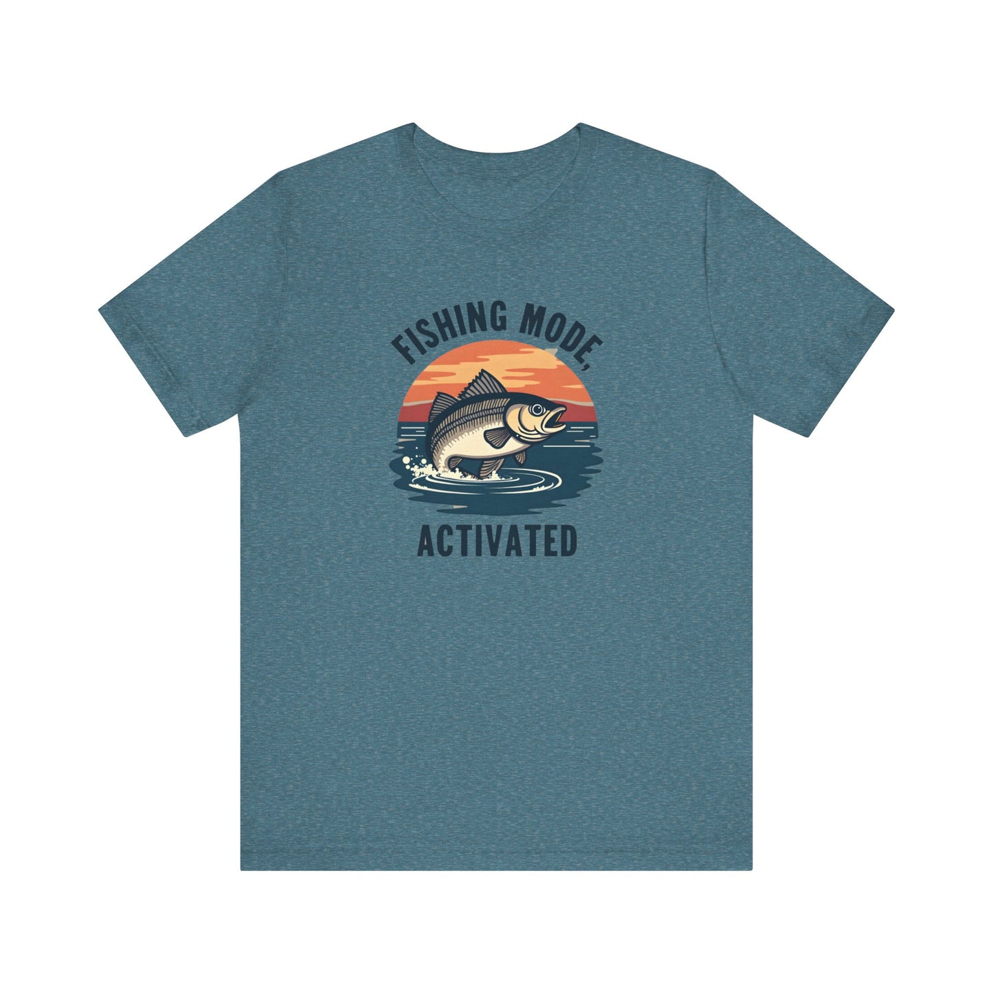 The Fishing Mode Activated Tee for Anglers by Printify is a unisex jersey short sleeve T-shirt made from premium Airlume cotton, showcasing Fishing Mode Activated text and a fish jumping against a sunset. Its an ideal addition to your outdoor apparel collection.