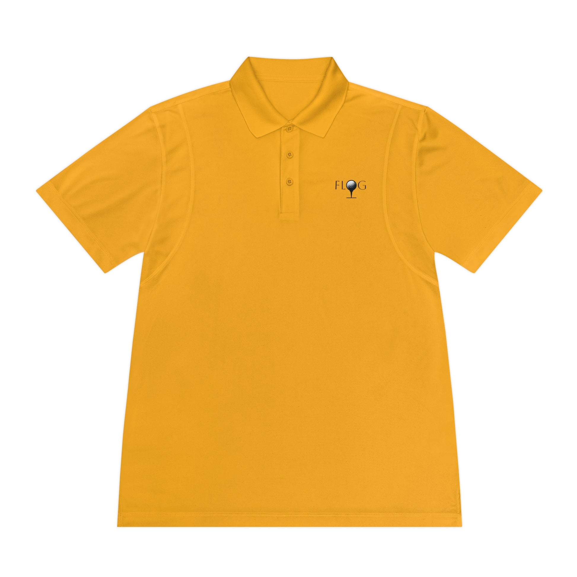 This D&B Apparel Mens Sport Polo in bright yellow features a small black FLOG logo with a flask. Perfect for golf, it includes moisture-wicking fabric, a classic collar, and three buttons for style and performance. Ideal for active lifestyles and casual outings.