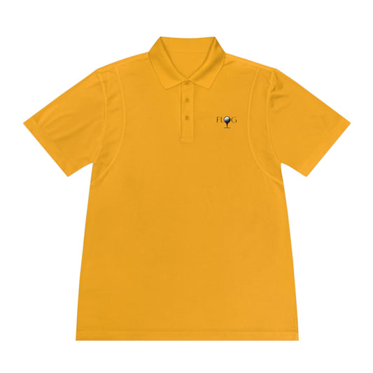 This D&B Apparel Mens Sport Polo in bright yellow features a small black FLOG logo with a flask. Perfect for golf, it includes moisture-wicking fabric, a classic collar, and three buttons for style and performance. Ideal for active lifestyles and casual outings.