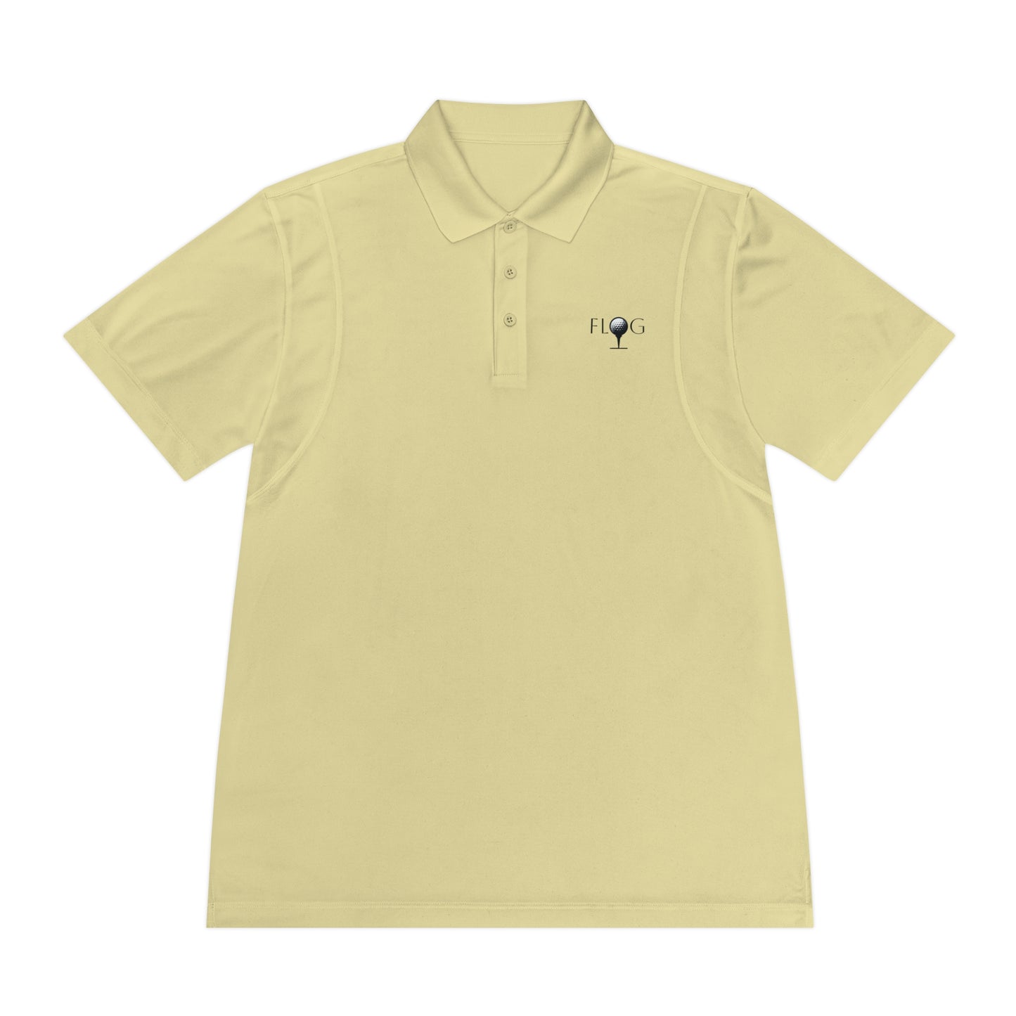 A light yellow Mens Sport Polo Shirt by D&B Apparel, featuring a classic collar and button placket, is perfect for golf outings. Made from moisture-wicking fabric, it sports the FLOG logo with a key-styled L, laid flat against a plain background.