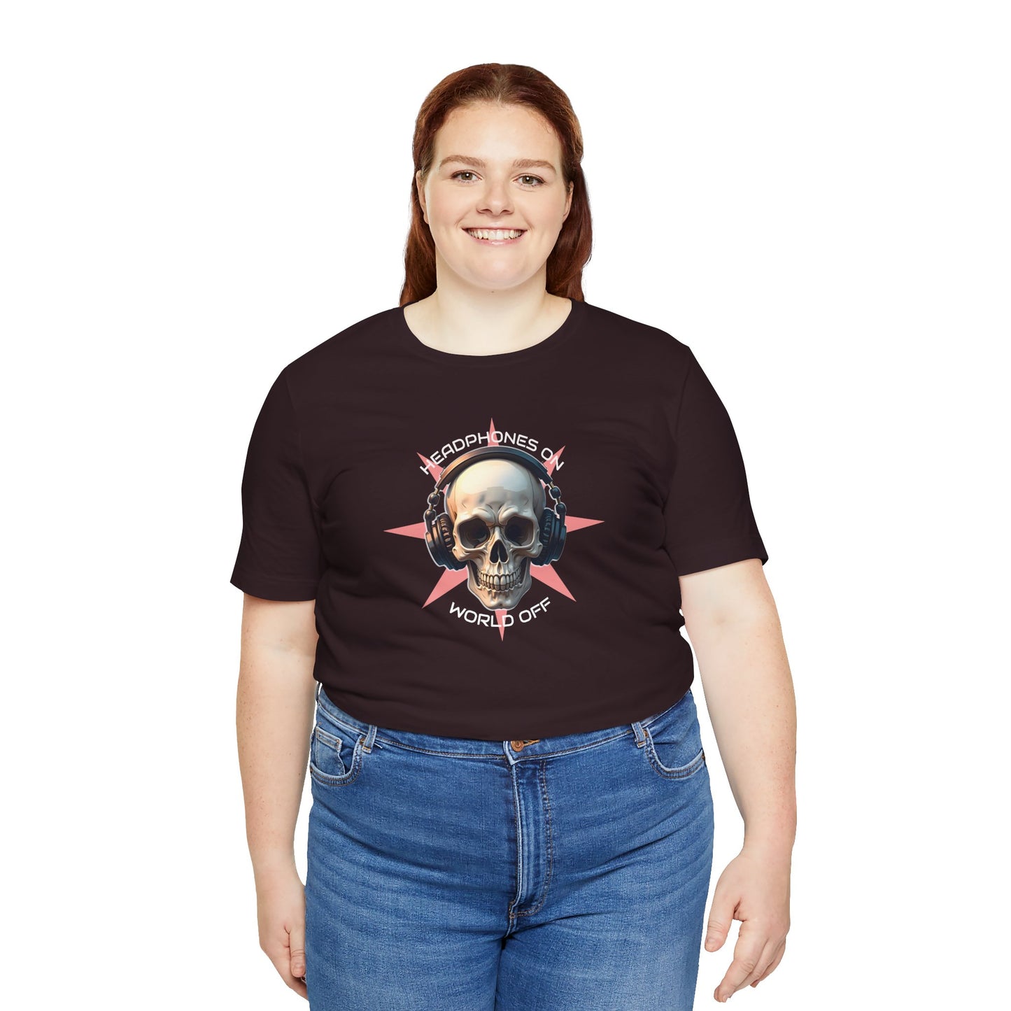 Edgy Skull Headphones Tee - "Headhpones On - World Off" Unisex Jersey Short Sleeve T-Shirt