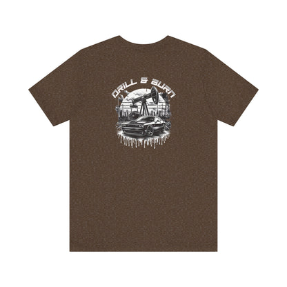 The Vintage Car Graphic Unisex Tee by Printify combines breathable comfort with casual style, showcasing a brown T-shirt with a black-and-white classic car and oil pumps graphic. The bold Drill & Burn text adds flair to this cool car art design.