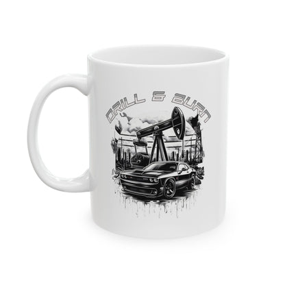 The Adventure Awaits Ceramic Mug by D&B Apparel showcases a black car before oil pumps and industrial equipment, with Drill & Burn in bold above. This monochrome design captures automotive and industrial themes, ideal for coffee lovers and travelers seeking bold artistry.