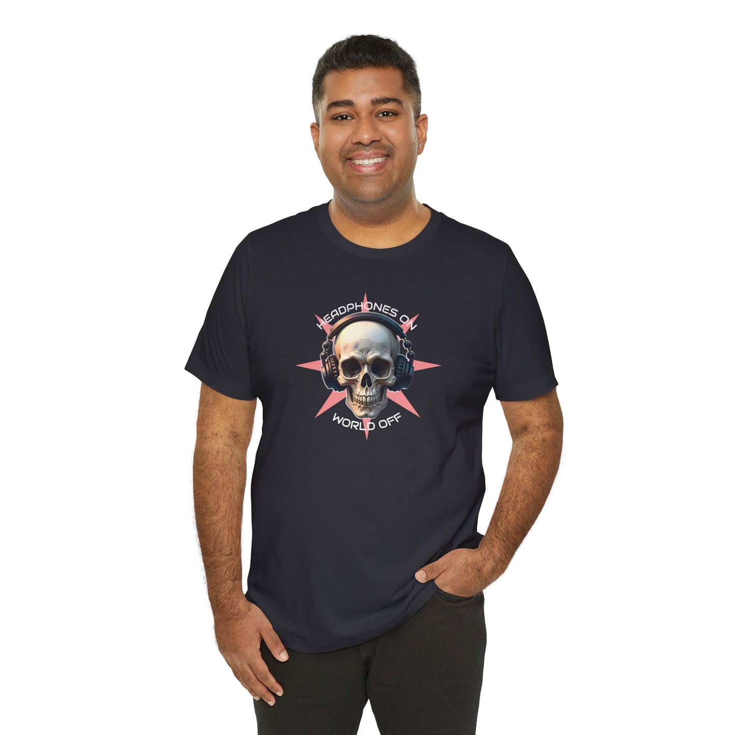 Edgy Skull Headphones Tee - "Headhpones On - World Off" Unisex Jersey Short Sleeve T-Shirt