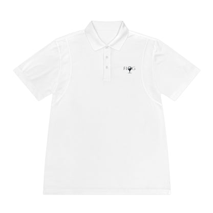 The Mens Sport Polo Shirt by D&B Apparel is ideal for golf outings, boasting a white collar, buttoned placket, FLOG logo with trophy cup on the left chest, and moisture-wicking fabric for dryness and comfort.