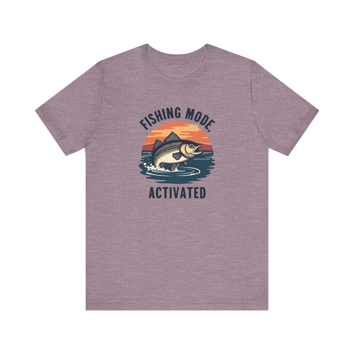 Printifys unisex Fishing Mode Activated gray tee showcases a fish leaping from water against a sunset, crafted from Airlume cotton for comfort on your angling adventures.