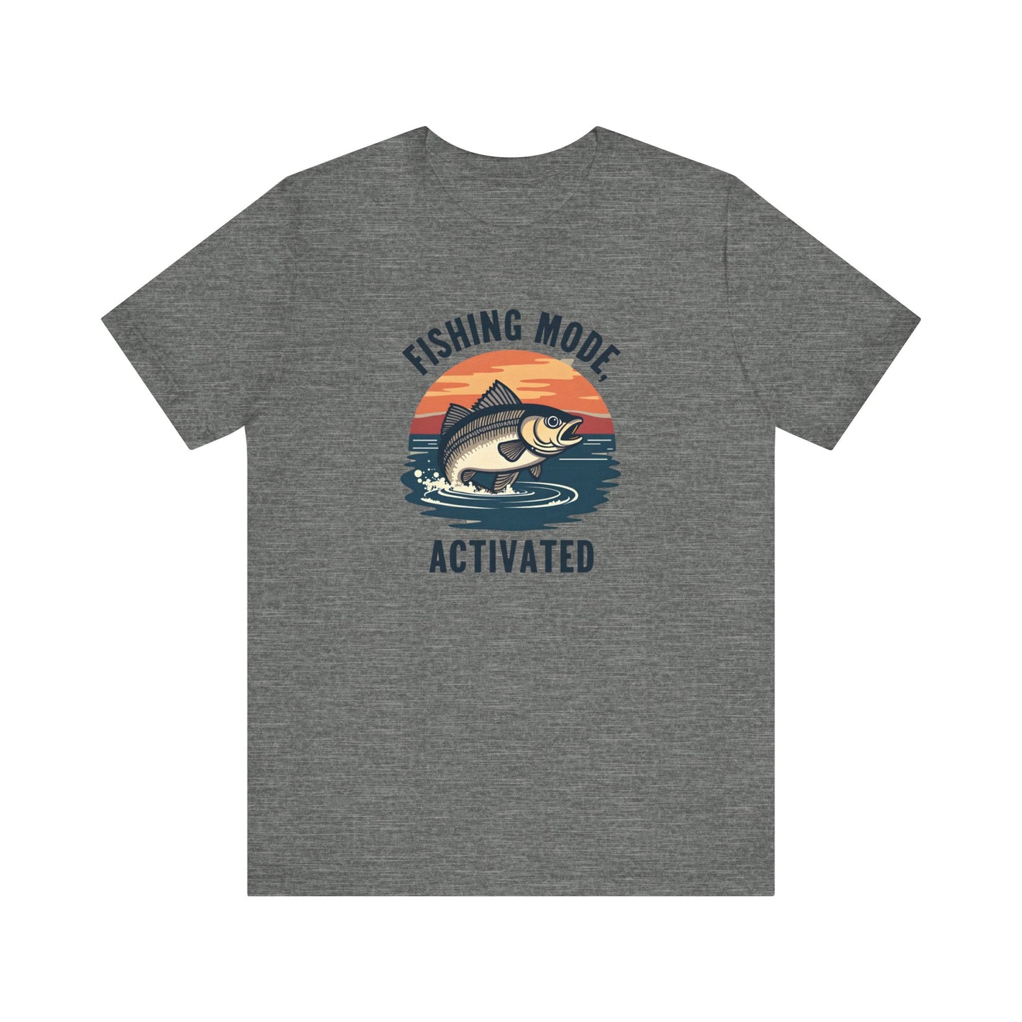 This unisex jersey short-sleeve tee from Printify is crafted from premium Airlume cotton and features a gray design of a fish leaping against a sunset, perfectly capturing the Fishing Mode Activated vibe—a must-have for outdoor enthusiasts.