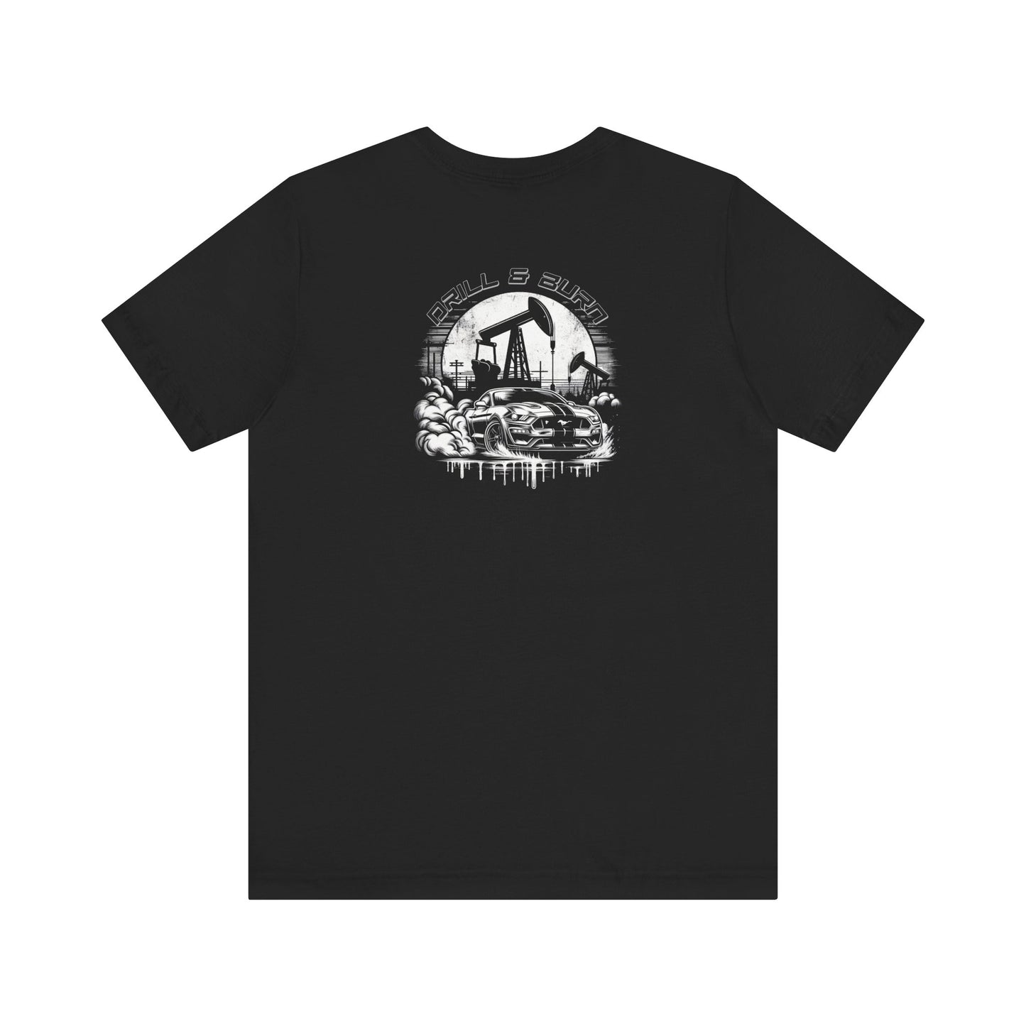 Explore Printifys Drill & Burn Graphic Unisex Jersey Tee—crafted from ultra-soft Airlume cotton in black, it boasts a modern retail fit with a bold back graphic of a car, oil pump, clouds, and the striking Drill & Burn circular design.