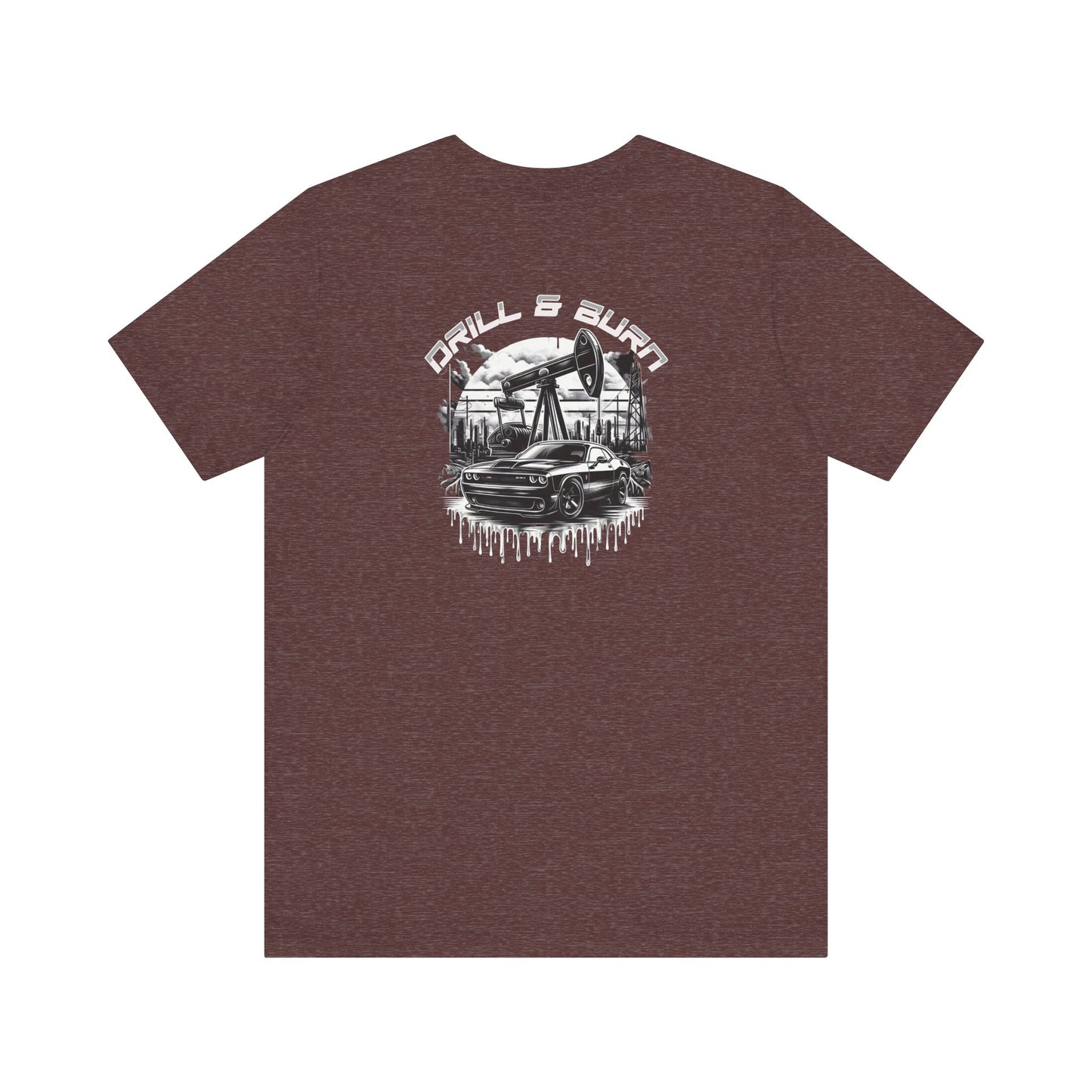 The Vintage Car Graphic Unisex Tee by Printify, featuring a breathable jersey fabric, displays an oil pumpjack and black car graphic with Drill & Burn in bold white letters, embodying casual fashion.