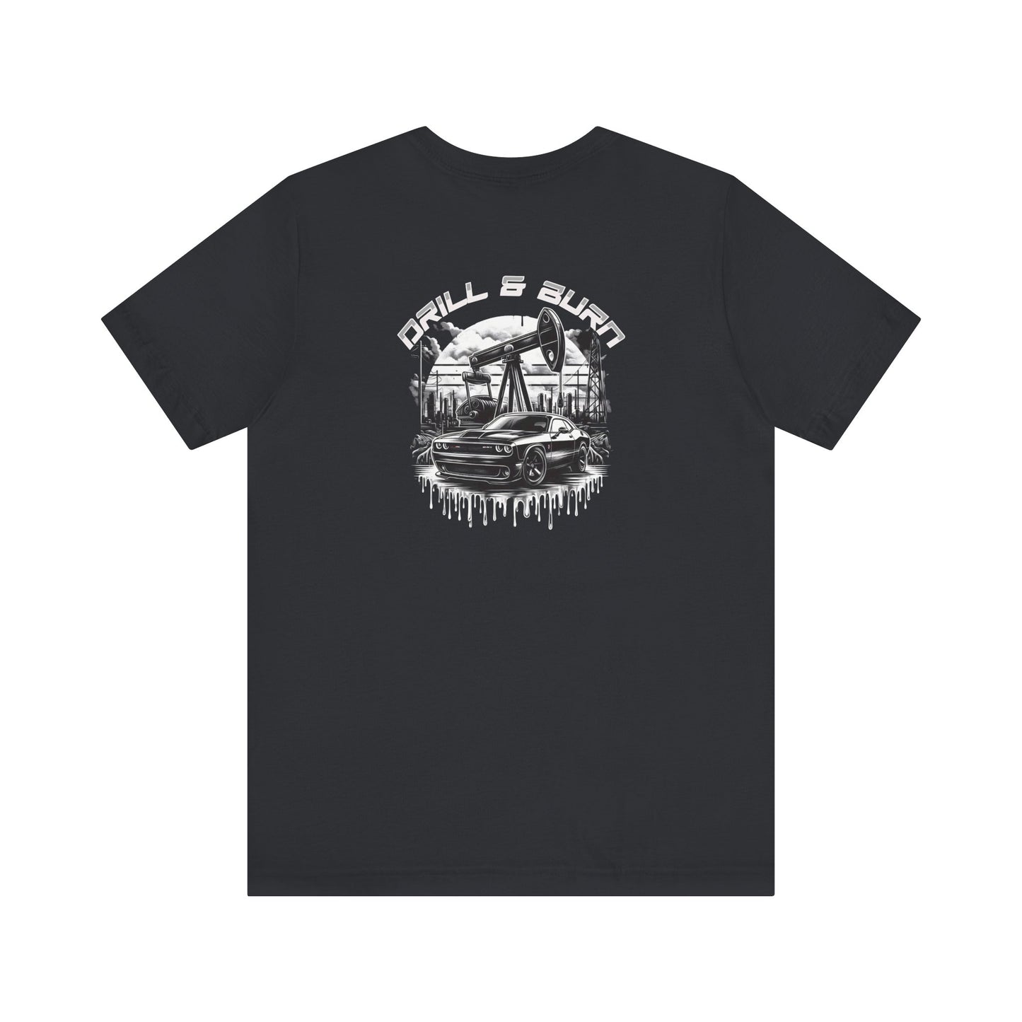 Printifys Vintage Car Graphic Unisex Tee features a black fabric adorned with the bold DRILL & BURN text and a graphic of an oil pump, car, and industrial buildings. The breathable material enhances comfort while the white design offers striking contrast for a captivating casual look.