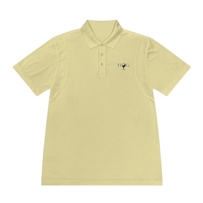 A light yellow Mens Sport Polo Shirt by D&B Apparel, featuring a classic collar and button placket, is perfect for golf outings. Made from moisture-wicking fabric, it sports the FLOG logo with a key-styled L, laid flat against a plain background.