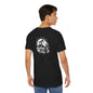 Black Drill & Burn Graphic Unisex Jersey Tee is shown from the back, highlighting an oil drilling scene with a Mustang doing a burnout. 