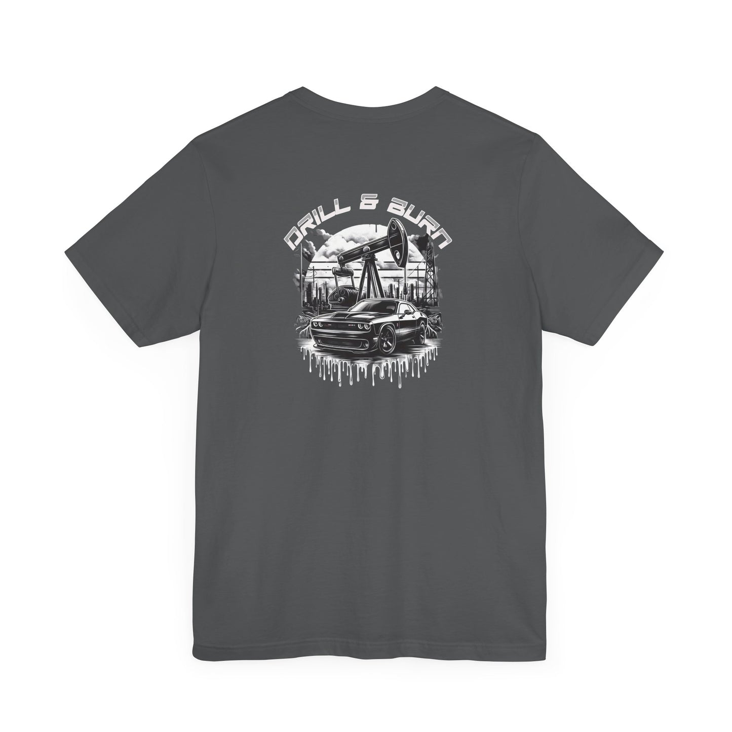 Black Drill & Burn Graphic Unisex Jersey Tee is shown from the front, highlighting an oil drilling scene with a Dodge Challenger doing a burnout.  embodying casual fashion. With breathable fabric, this dark gray tee ensures comfort.