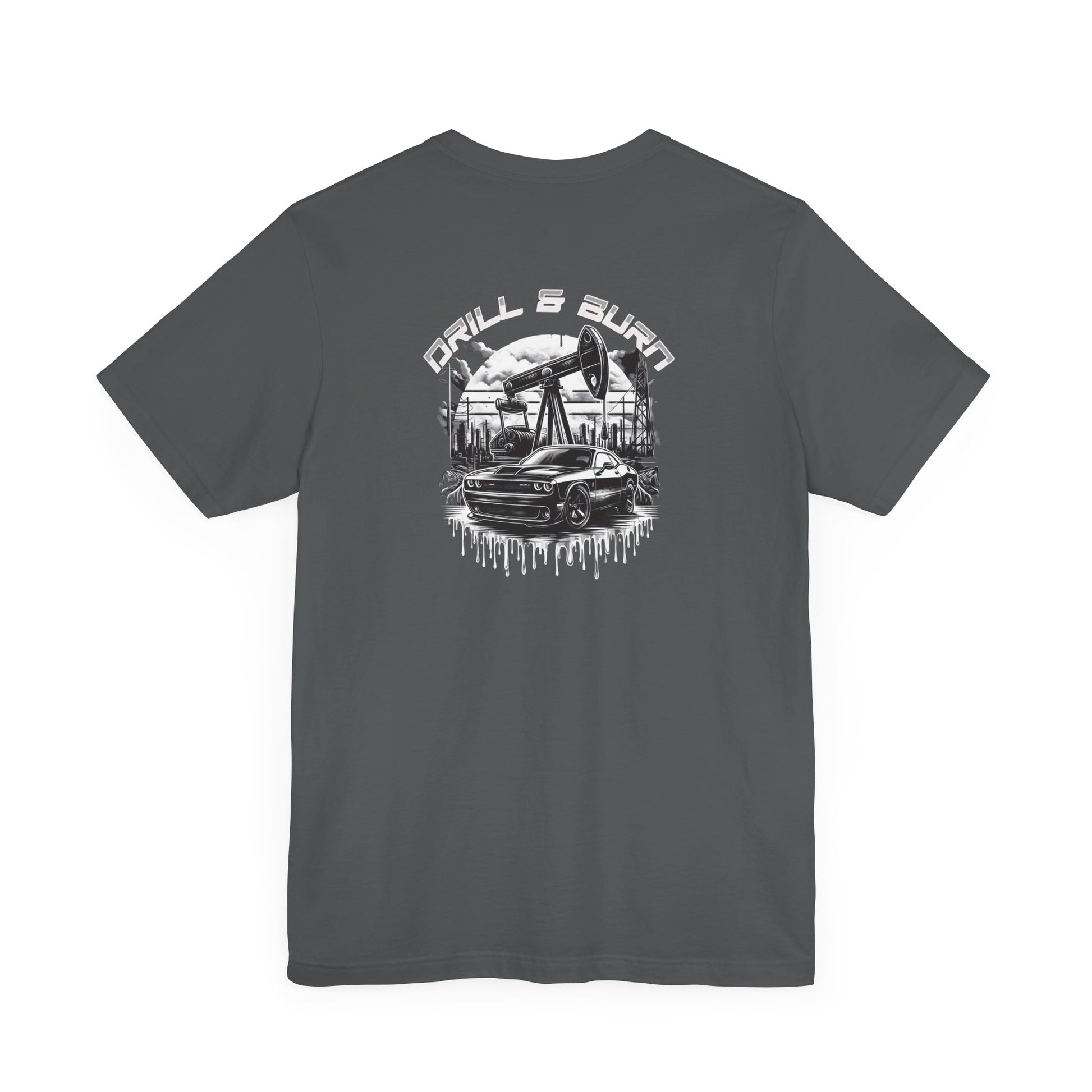 Black Drill & Burn Graphic Unisex Jersey Tee is shown from the front, highlighting an oil drilling scene with a Dodge Challenger doing a burnout.  embodying casual fashion. With breathable fabric, this dark gray tee ensures comfort.